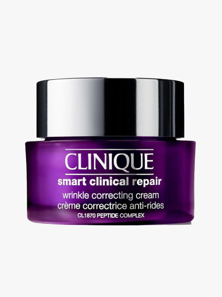 Clinique Smart Clinical Repair Wrinkle Correcting Cream purple jar with silver lid on light gray background