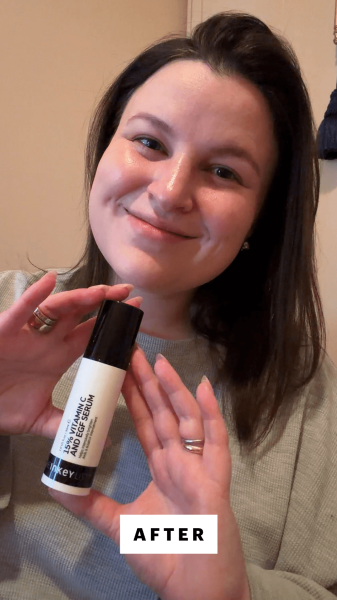 Singh after applying The Inkey List 15 Vitamin C and EGF Brightening Serum